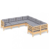 Set mobilier de gradina cu perne gri, 8 piese, lemn masiv pin