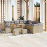 Set de canapea de gradina Gossi 14 piese cu perne bej ratan poli acacia, set de dining de gradina Gossi 4 piese cu perne bej ratan poli acacia