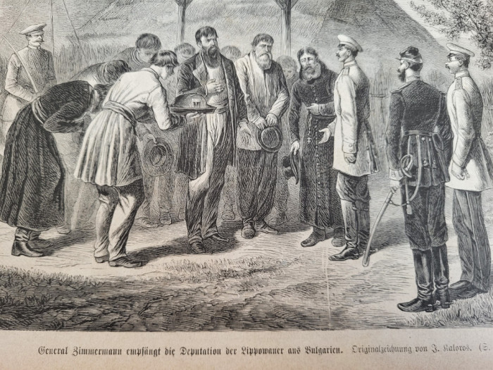 Gravura/litografie originala veche cu rusi lipoveni din Dobrogea (J. Kaloros)