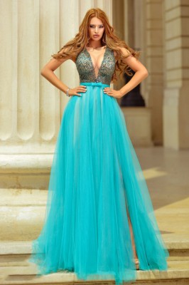 N360-12 Rochie lunga, de seara cu decolteu adanc in V foto