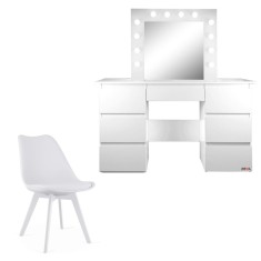 Set masa de toaleta/machiaj Vanessa + scaun Mark, alb, cu oglinda si LED-uri, 130x43x143 cm