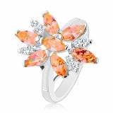 Inel strălucitor de culoare argintie, floare mare formată din zirconii portocalii şi transparente - Marime inel: 50
