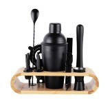 Set Cocktail Shaker, Mixology, pentru preparare bauturi, 11 piese, otel inoxidabil, shaker negru, 750 ml, suport bambus