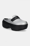 Crocs papuci Stomp Metallic Loafer Clog femei, culoarea argintiu, cu platforma, 210363
