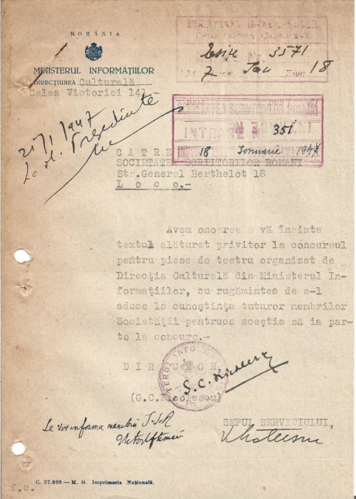 A3554N Semnătura olografă a lui Victor Eftimiu, 1947