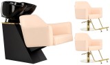 Milos Set negru pentru frizerie, cu spălător și 2 fotolii de frizerie hidraulice rotative, chiuvetă ceramică, baterie și duș