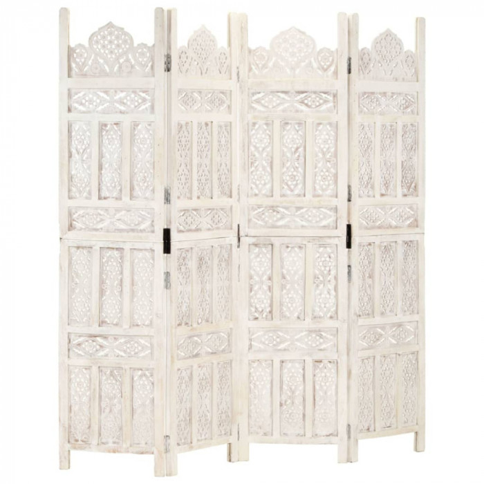 vidaXL Paravan cameră sculptat manual 4 panouri alb 160x165 cm mango