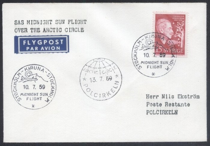 Sweden 1959 Aviation, Comm. cover, SAS Midnight Sun Flight Arctic Circle K.353