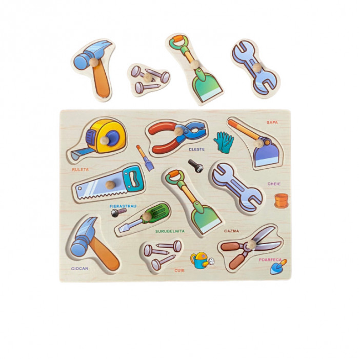 Puzzle educational, Onore, multicolor, lemn, 30 x 22.5 cm, unelte denumire romana