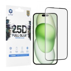 Folie de protectie Ecran Lito pentru Apple iPhone 15 Plus, Sticla Securizata, Full Glue, 2.5D, Neagra