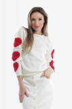 Pulover alb tricotat cu inimi crosetate manual aplicate pe maneci, L, M, S, XL, XS, Onibon