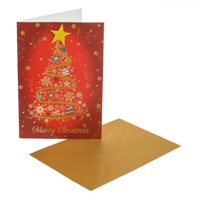 Felicitare Crăciun, Brad &amp;Icirc;mpodobit, Strass și Glitter, 13x19cm, Cu Plic Auriu foto