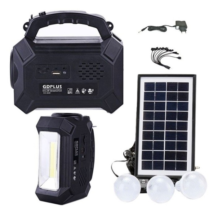 Kit solar Gdplus GD8161, lanterna LED, radio FM, USB, 3 becuri Kit solar Gdplus GD8161, lanterna LED, radio FM, USB, 3 becuri