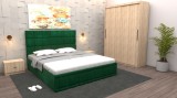 Dormitor Regal cu Pat Tapitat Verde Stofa cu dulap usi glisante Sonoma fara oglinda si fara comoda Tv