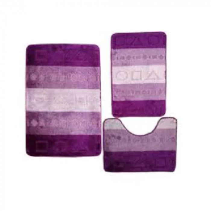 Set 3 Covorase Baie NOVA HOME, 80x50 cm, Polipropilena Violet/Alb, Set Covorase Baie, Covorase pentru Baie, Covoras pentru Baie, Covorase de Baie Plus