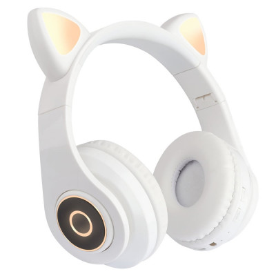 Casti wireless over-ear B39, Bluetooth, Microfon, Urechi Pisica cu Lumini, White foto