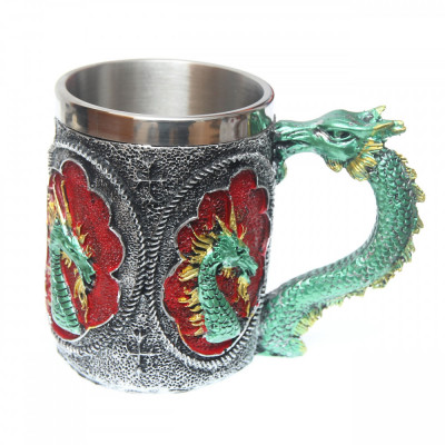 Cana Medievala Green Dragon 11.5cm 400ml decorat 360grade Tole 10 39375 foto