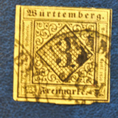 Germania - Wurttemberg 1851 - Val. 3Kr nedantelat, hartie galbena (T137)