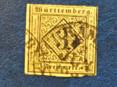 Germania - Wurttemberg 1851 - Val. 3Kr nedantelat, hartie galbena (T137) foto