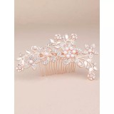Accesoriu de Par Mireasa cu Perle si Strasuri 11x8cm, Roz-Aurie - 99222