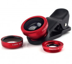 Kit Lentile Foto iUni 3-in-1 Macro, Wide Angle si FishEye compatibile cu Smartphone si Tableta, Rosu foto