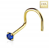 Piercing curbat din aur galben de 14K pentru nas, zirconiu albastru &icirc;nchis, 2mm