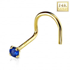 Piercing curbat din aur galben de 14K pentru nas, zirconiu albastru închis, 2mm