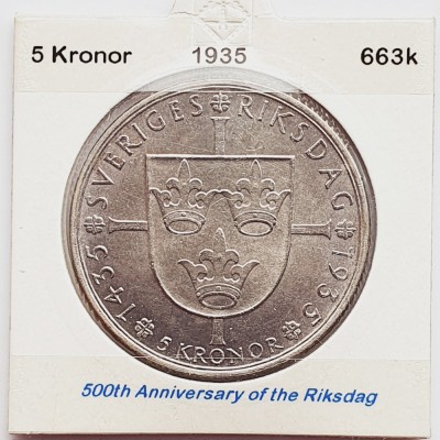 472 Suedia 5 kronor 1935 Gustaf V (Riksdag) km 806 argint foto