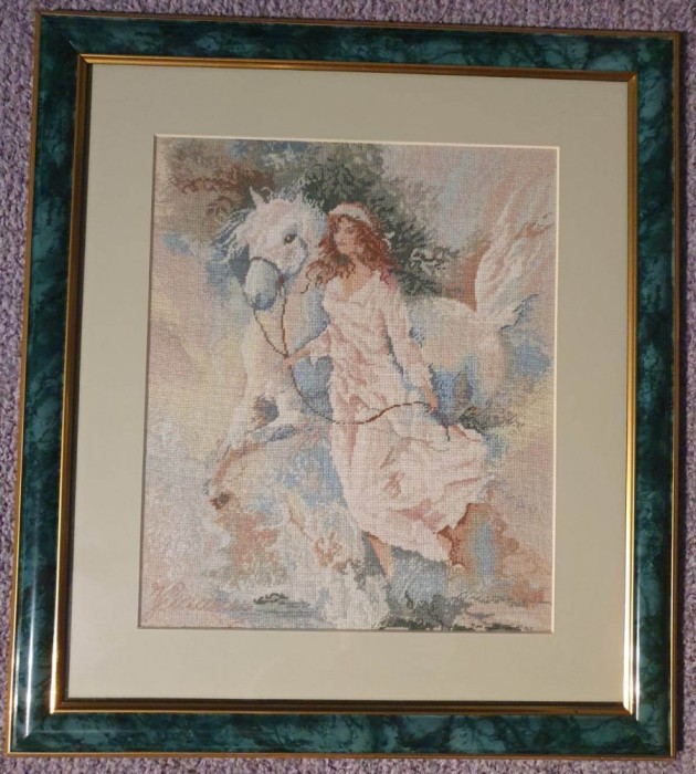 Goblen vintage, Racoarea brizei, lucrat manual anii 90, inramat, 42x38 cm