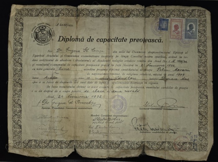 Diplomă de capacitate preoțească, 1932