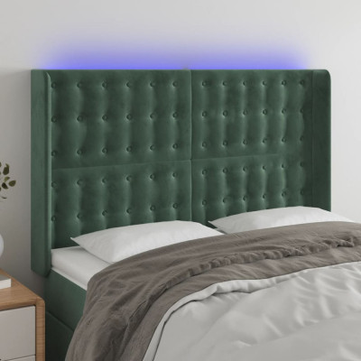 vidaXL Tăblie de pat cu LED, verde &amp;icirc;nchis, 147x16x118/128 cm, catifea foto