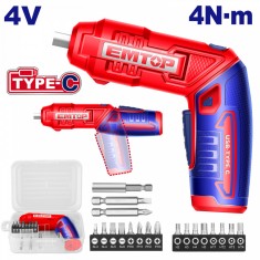 Surubelnita electrica EMTOP ECSR0408, 4V, cu Incarcare USB-C, 4Nm, Maner Reglabil in 2 Pozitii, 18 Accesorii, Viteza 240rpm, Lumina LED Integrata, Cut