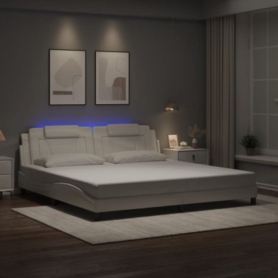 vidaXL Cadru de pat cu lumini LED, alb, 200x200 cm, piele ecologică foto