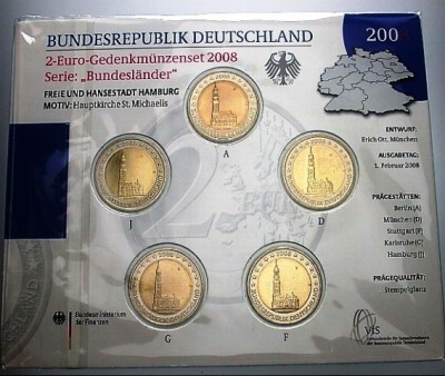 GERMANIA 2008 - 5 x 2 euro com. -St Michaelis Hamburg -A,D,F,G,J -blister/BU foto