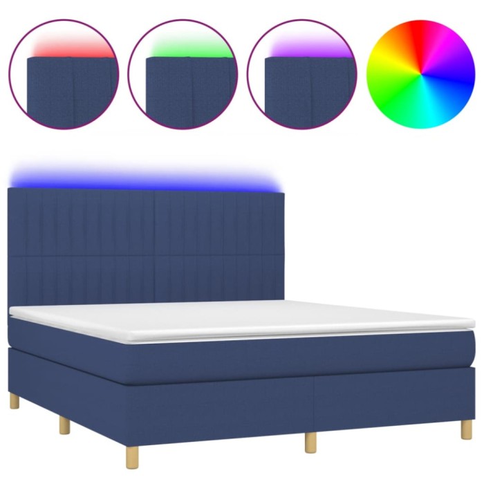 Pat cu arcuri, saltea si LED, albastru, 160x200 cm, textil