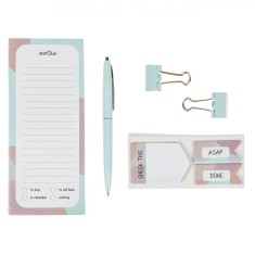 Set Birou 7 Piese, Culori Pastelate, Note, Agrafe, Pix, Notite Autocolante, Semne Carte