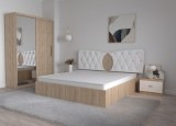 Dormitor Kent Sonoma Alb cu Pat Matrimonial 160 cm x 200 cm Dulap 2 usi Glisante cu Oglinda si Noptiere