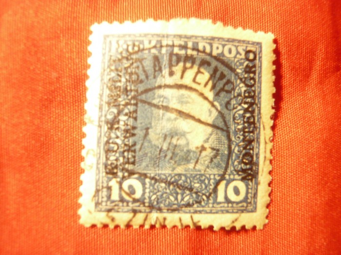 Timbru Austria 1918 supratipar Muntenegru 10h stampilat , cu pliu