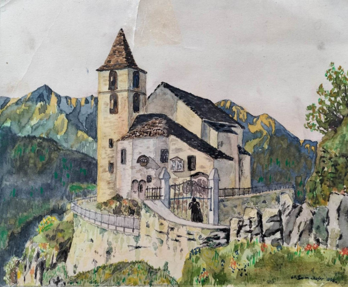 Biserica de pe st&acirc;ncă - acuarelă semnată şi datată 1944
