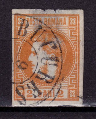 RO 1868 ,LP 21 ,&amp;quot;Carol I cu favoriti&amp;quot;, 2 BANI portocaliu,subtiat sus , stampilat foto