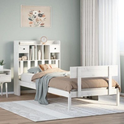vidaXL Pat cu bibliotecă fără saltea, alb, 75x190 cm, lemn masiv pin 3321819 foto