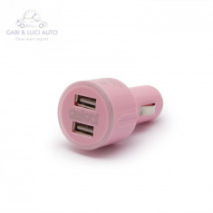 Adaptor de incarcare de la bricheta auto cu 2 porturi USB - Pink foto