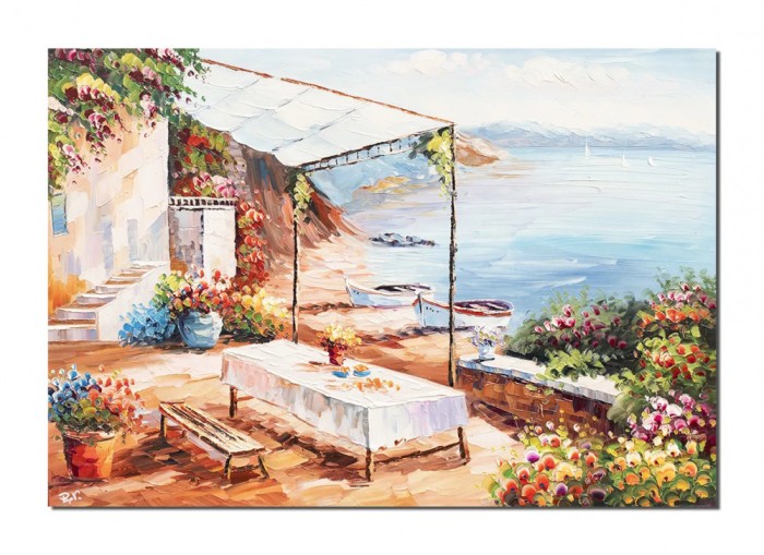 Tablou pictat manual, Colt de rai, priveliste de pe terasa, 100x70cm ulei pe panza in cutit efect 3D, Pop Valentin