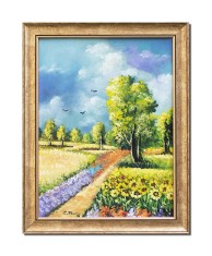 Tablou pictat manual inramat, Peisaj din natura, zi frumoasa de vara, 45x35cm ulei pe panza Superb