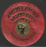 Romania anii 60 - Vigneta de bagaje Hotel Athenee Palace (tip 1) din Bucuresti, ONT Carpati, eticheta hoteliera, promovare turistica