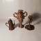 LOT 3 DECORATIUNI VECHI DE BIROU, BRONZ SI ANTIMONIU, BRICHETA, STATUETA, CARAFA
