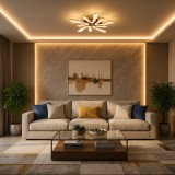 Lustra LED cu Telecomanda si Cristal, 68W, 5 Surse, Dimabila, Lumina Calda/Neutra/Rece, Diametru 59 cm, Auriu