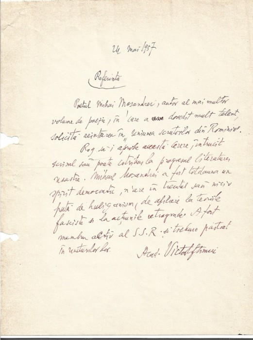 A3230N Document scris și semnat olograf de Victor Eftimiu, 1957
