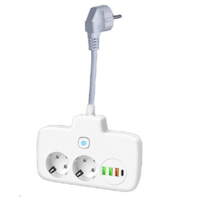 Adaptor Priza, Flippy, 6 in 1, 2 Prize Standard, 3 Porturi USB, 1 Port Tip C, Buton Oprire, 2500W, din PC, Alb foto