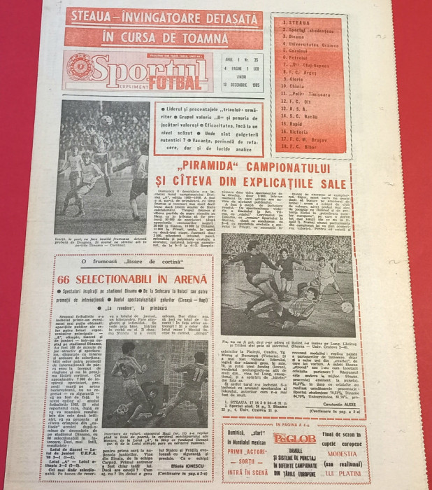 Ziarul Sportul supliment FOTBAL 13.12.1985(Steaua Bucuresti; Campionat div.A)